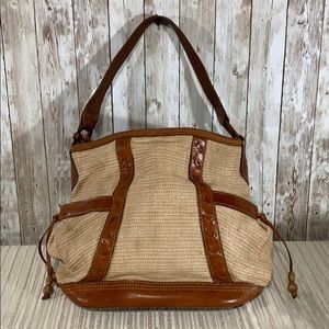 Fossil HoBo Purse Tote Brown Leather Tan Ratan